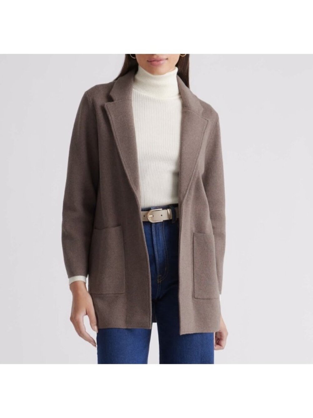 Quince Sz Sz L 100% Organic Cotton Open-Front Knit Blazer Coatigan Brown